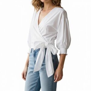 Babaton Aritzia Crisp White Puff Short Sleeve 100% Cotton Wrap Top Size Small